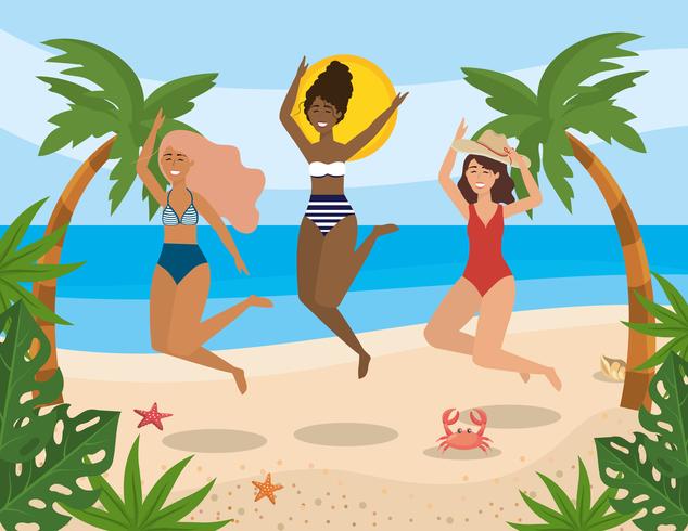 Group of diverse women jumping on beach  vector