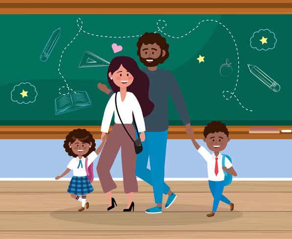 Madre y padre con niño y niña en la escuela vector