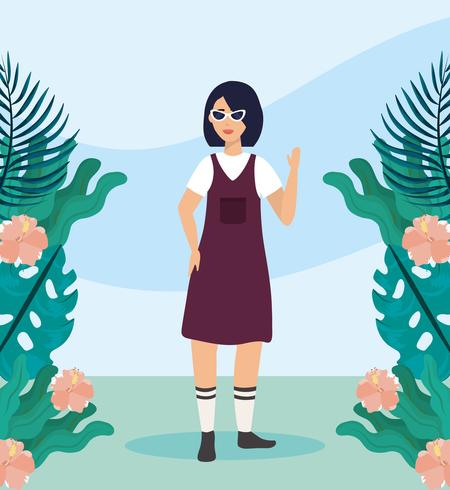 Jóvenes mujeres asiáticas con gafas de sol con flores y plantas vector