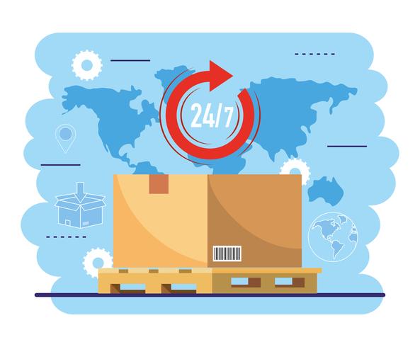 Paquete en paleta de envío con mapa global vector