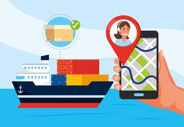 Ship transport and hand with smartphone with gps  vector