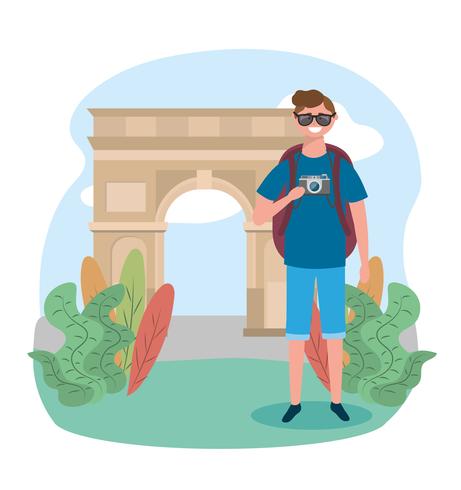 Male tourist in front of arc de triomphe vector