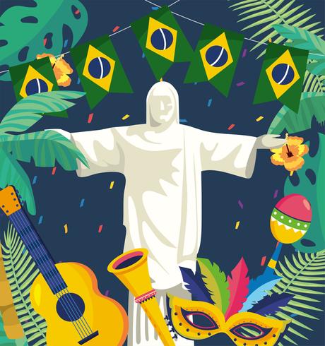 Estatua del Cristo Redentor con decoraciones de carnaval vector