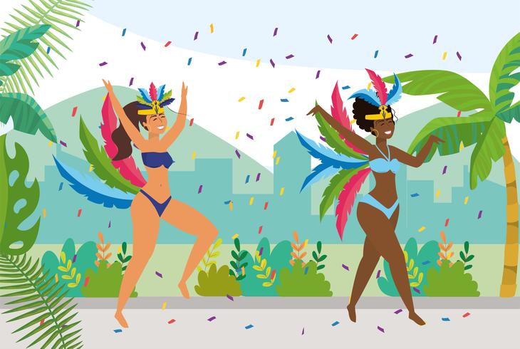 Young female carnival dancers on street in daytime  vector