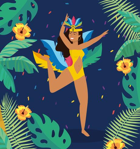 Female carnival dancer in costume with leaves and flowers  vector