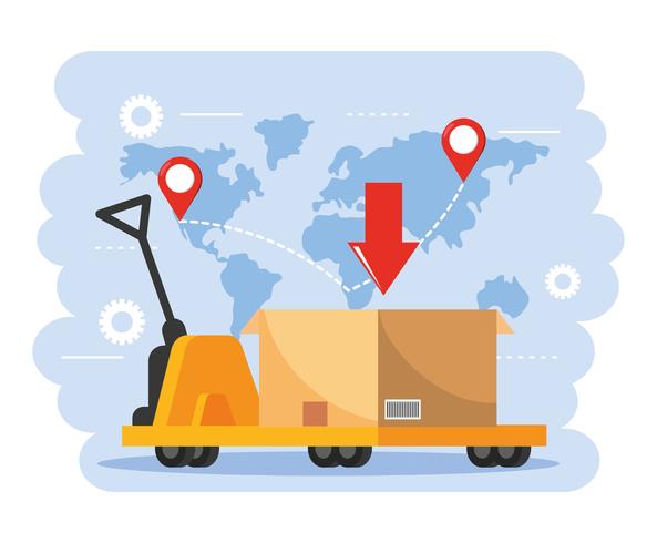 Hand truck with boxes with global map  vector