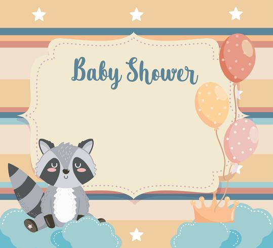 Tarjeta de Baby Shower con mapache en las nubes con globos vector