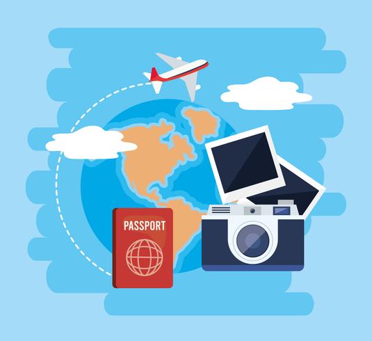 Camera with passport and airplane with global map  vector