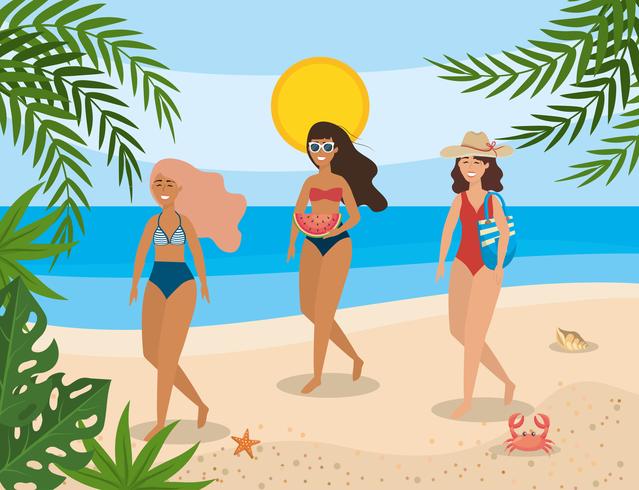 Women in bathing suits walking on beach  vector