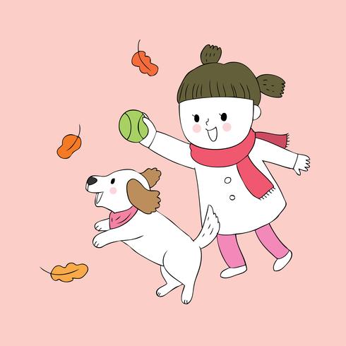  girl and dog playing ball  vector