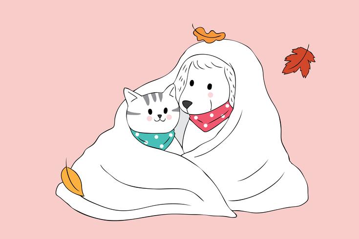  Autumn cat and dog in blanket  vector