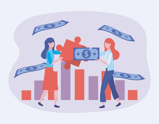 Businesswomen with puzzle pieces and bar graph  vector