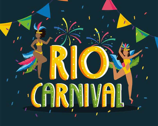 Cartel del carnaval de Río con bailarinas sobre fondo negro vector