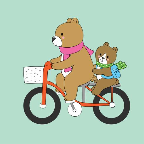 bear and baby riding a bike to school  vector