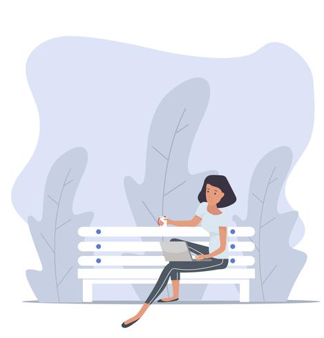 woman sitting bench with notebook in nature  vector