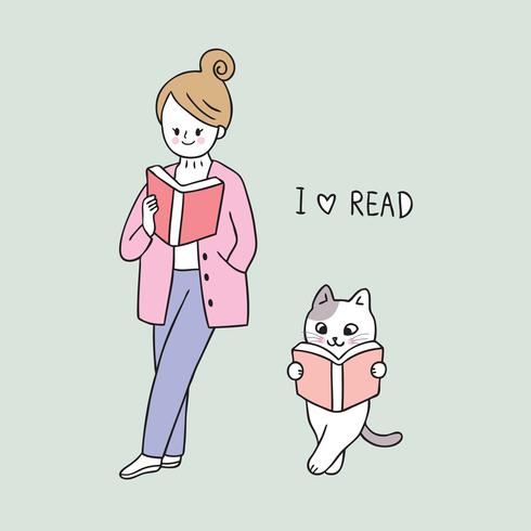 libro de lectura de mujer y gato vector