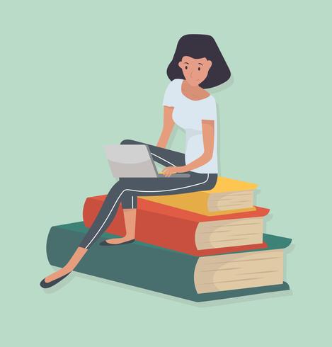 woman sitting stack book  vector