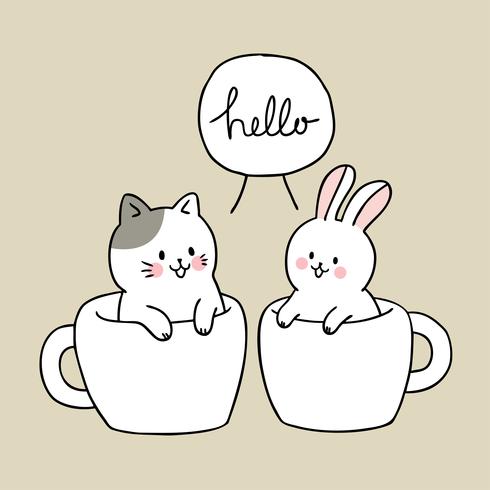 Dibujos animados lindo gato y conejo en taza de café vector