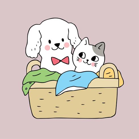 Dibujos animados lindo perro y gato en la cesta vector