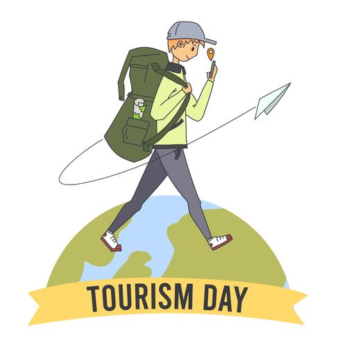 boy walking around the globe adventure tourism day vector