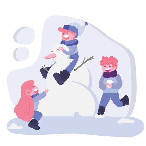 Niños jugando en la nieve con muñeco de nieve vector