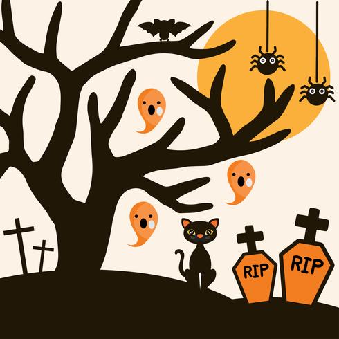 Fondo de noche de Halloween con gato negro, árbol, araña, calabaza y murciélago. vector