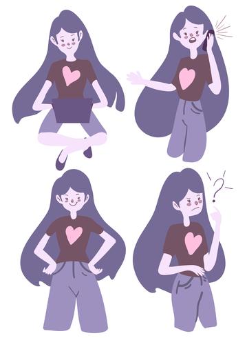 conjunto de emoción de niña de dibujos animados púrpura vector