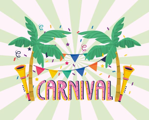 Carnival with palm trees, banner and horns  vector