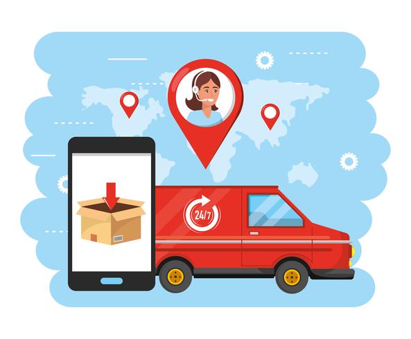 Delivery van with smartphone and call center agent  vector