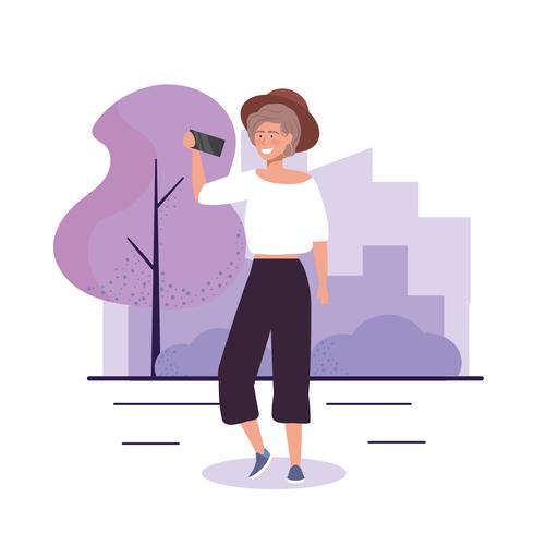 Young woman with hat with smartphone outside  vector
