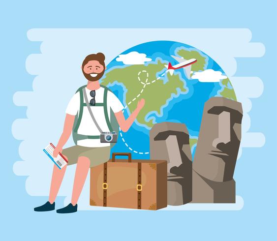 Male tourist sitting on suitcase with easter island statues and globe  vector