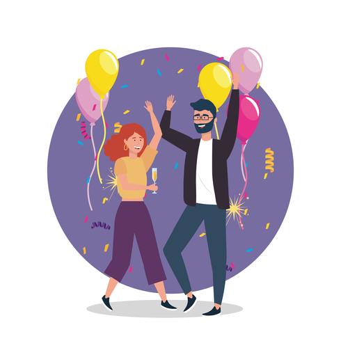 Mujer y hombre bailando con champagne y globos vector