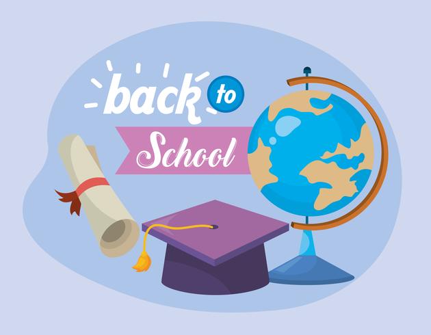 Back to school message with globe and graduation cap and diploma  vector