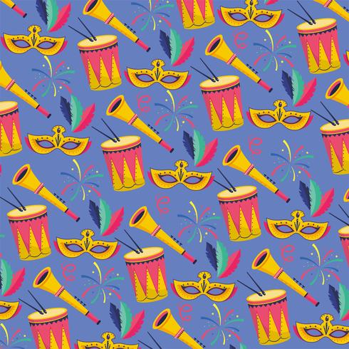 Seamless carnival background with masks, drums, and trumpets  vector