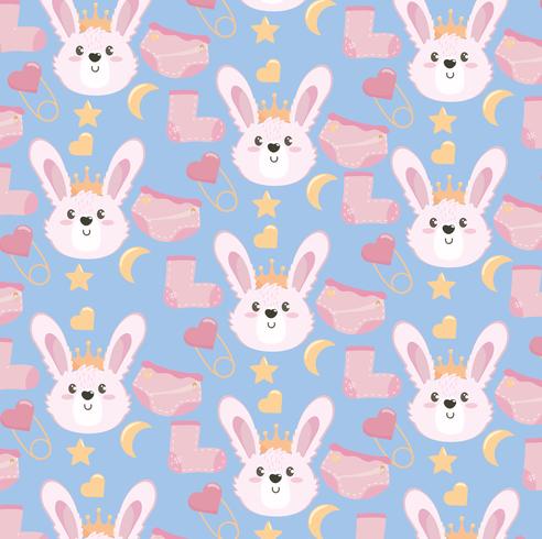 Seamless baby shower gift background with pink rabbits and socks  vector