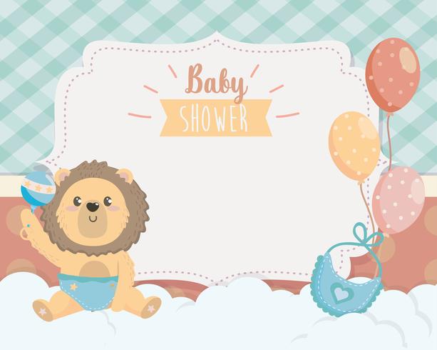 Baby shower card with lion in diaper with rattle  vector