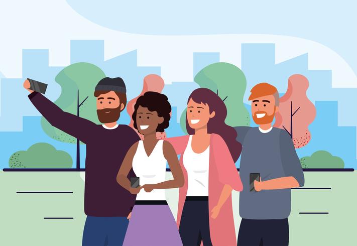 Group of diverse men and women taking selfie  vector