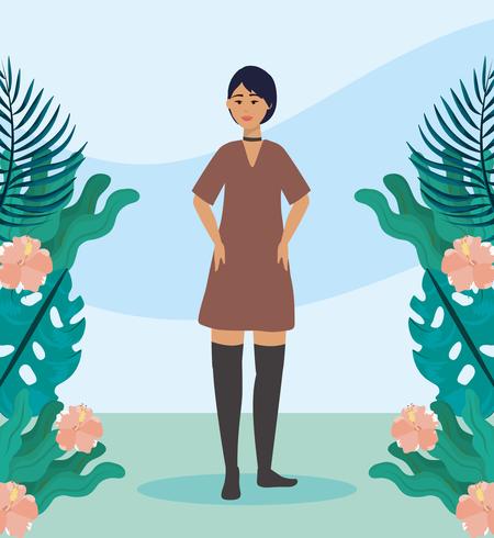 Young Woman With Short Hair Outside With Plants And Flowers