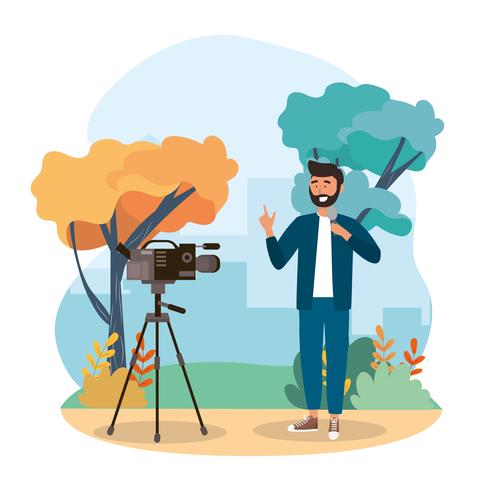 Male reporter in front of camera in park  vector