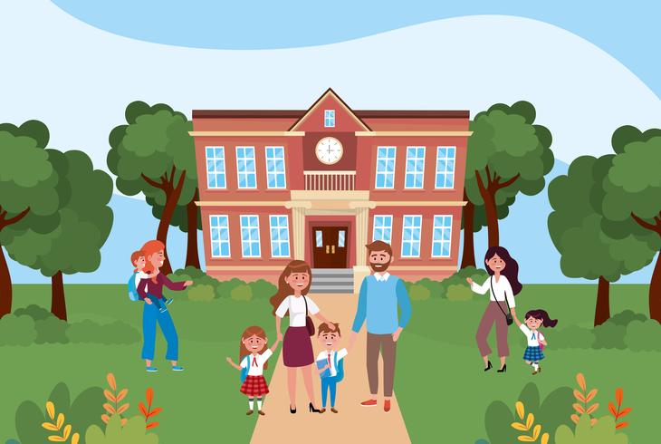 Mothers and fathers in front of school with children vector