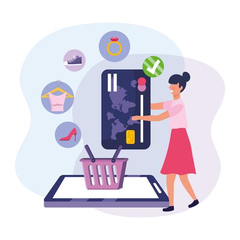 Woman with smartphone and credit card and basket with retail objects  vector