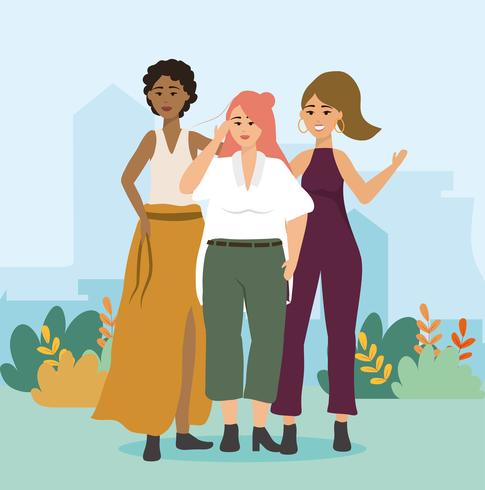 Three diverse modern women in casual clothes in park  vector