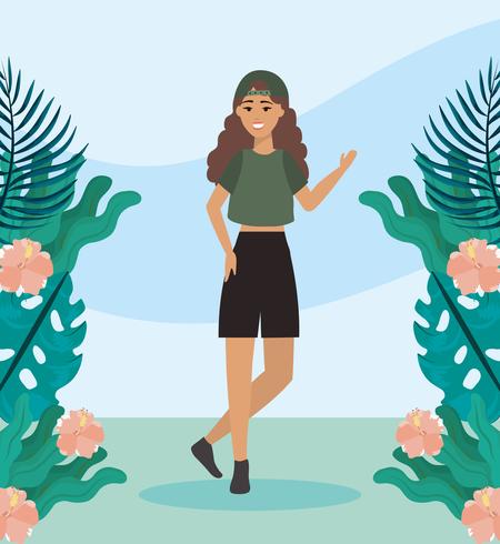 Girl with hat and casual clothes in park  vector