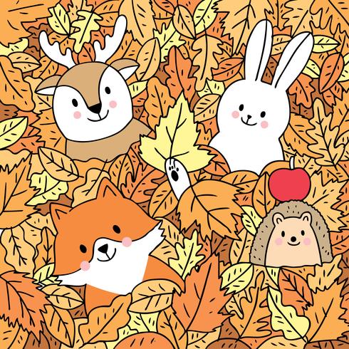  Fox and deer and rabbit and hedgehog in leaves vector