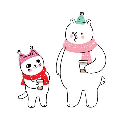  winter, Cat and polar bear drinking coffee  vector