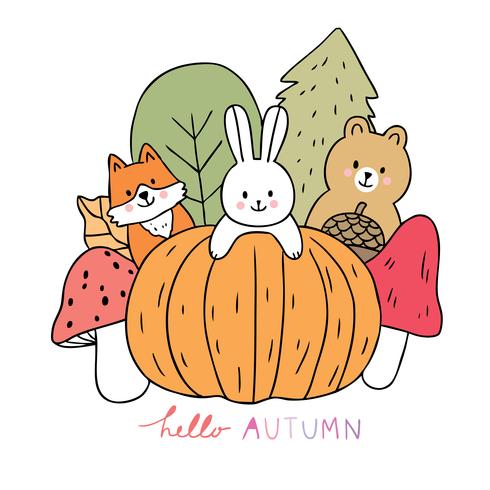  Autumn, Fox and rabbit and bear and pumpkin and mushroom vector