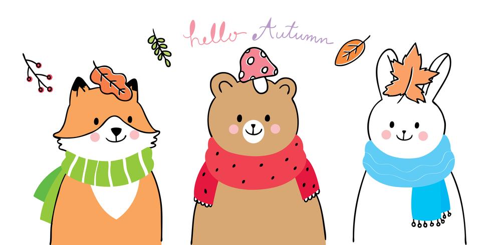 zorro, oso y conejo hola otoño vector