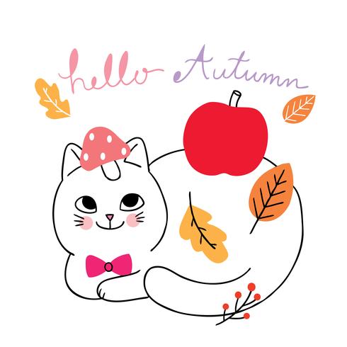 autumn, Cat and leave and apple  vector