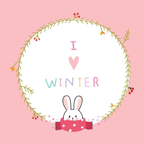conejo de invierno y marco floral vector