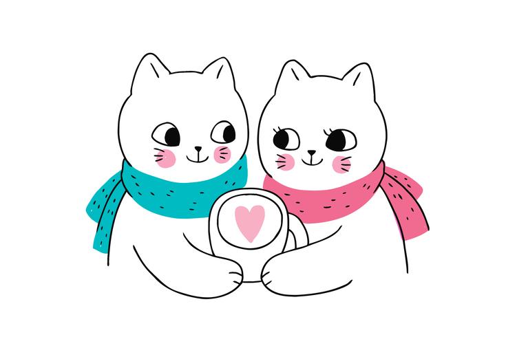 winter cats couple and coffee cup  vector